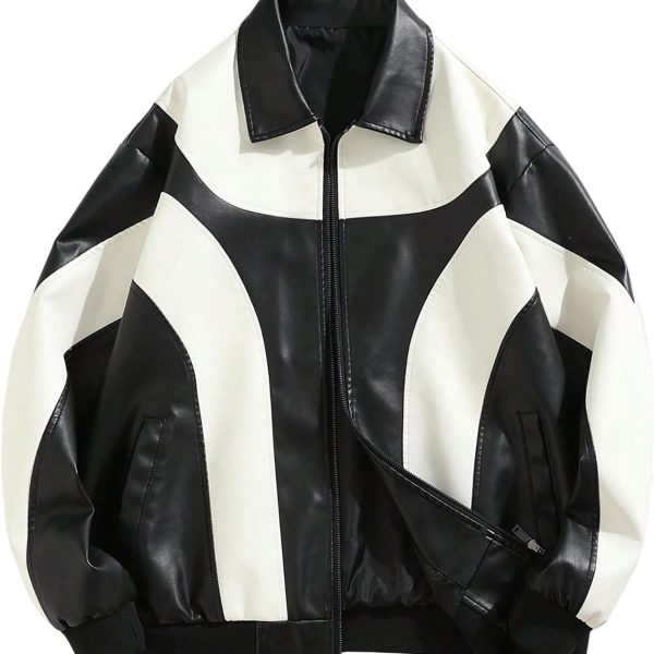 Men's -Style Pu Leather Motorcycle Jacket – Color-Block Long-Sleeve Jacket With Zip Closure And Pockets