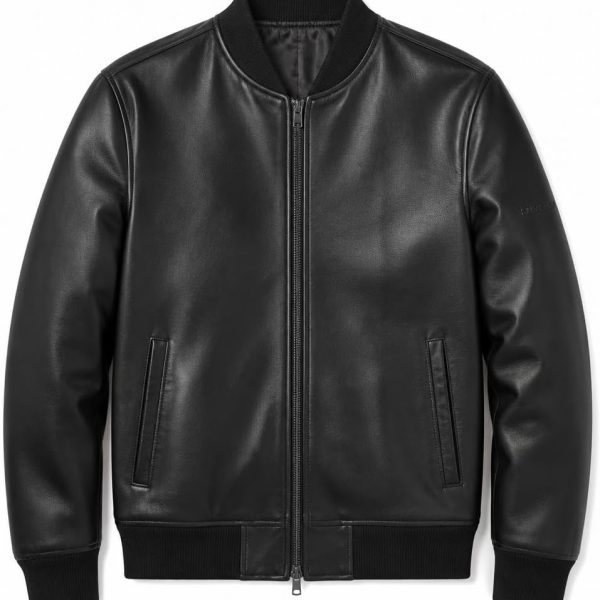Men's Genuine Leather Bomber Jacket With Full Zip And Ribbed Collar
