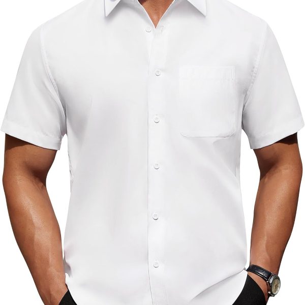 Mens Short  Dress Shirt Wrinkle Free Solid Casual Button Down Shirts for Summer Business Wedding