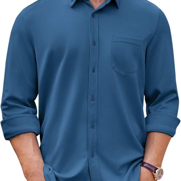 Men's Long Sleeve Button Down Shirt Wrinkle Free Casual Shirt for Men Untucked Shirts with Pocket for Wedding