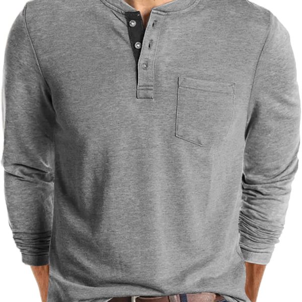 Men's Fashion Henley Shirts Long Sleeve Button Cotton T-Shirt with Pocket