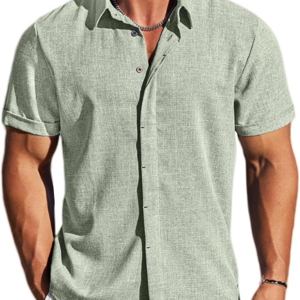 Men's Linen Shirts Short  Button Down Casual Shirt Business Dress Clothing Beach Fashion Summer Tops
