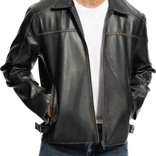 Men's Lightweight Faux Leather Bomber Jacket – Vintage Lapel-Collar Motorcycle Jacket (With Zip And Pockets)