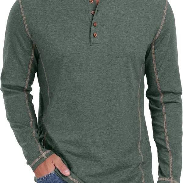 Men's Henley Shirts Long Sleeve Casual Classic Tee Cotton Button Henley  T-Shirts